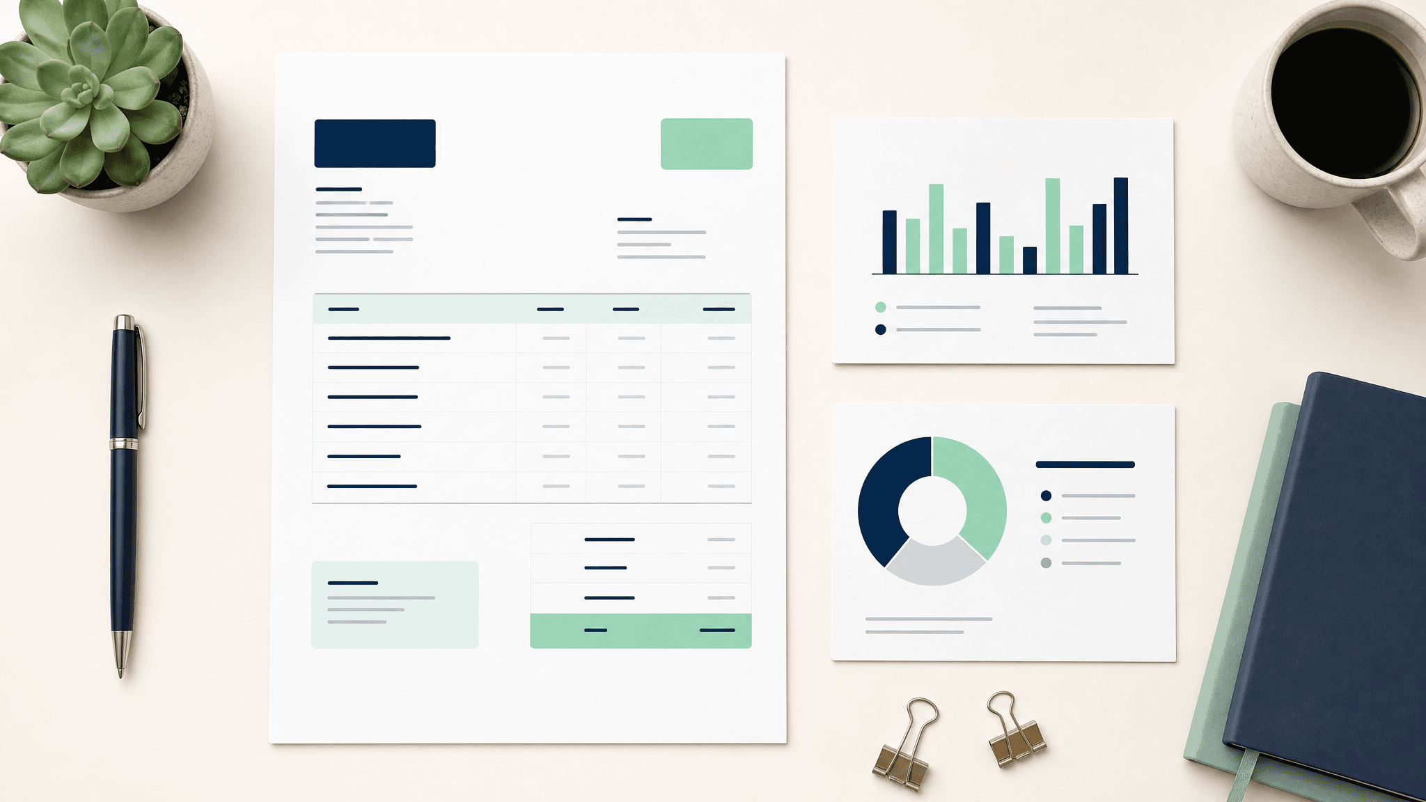 A tidy desk showing a clean invoice next to a bar chart and a donut chart